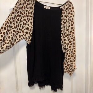 Umgee Black Top with Animal Print Sleeves